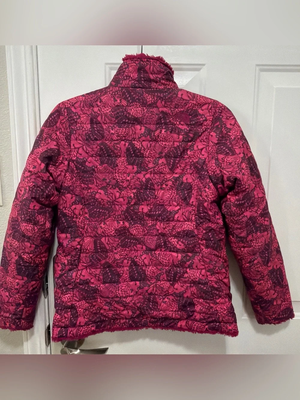The North Face Reversible Mossbud Jacket Girls L 14 Pink Butterfly Full Zip